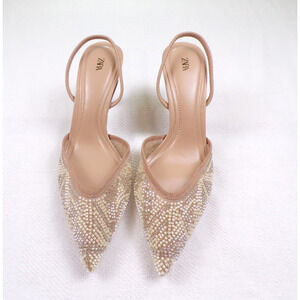 ZARA Beaded Mesh Slingback Kitten Heels Nude Beige Pointed Wedding Event Size 37